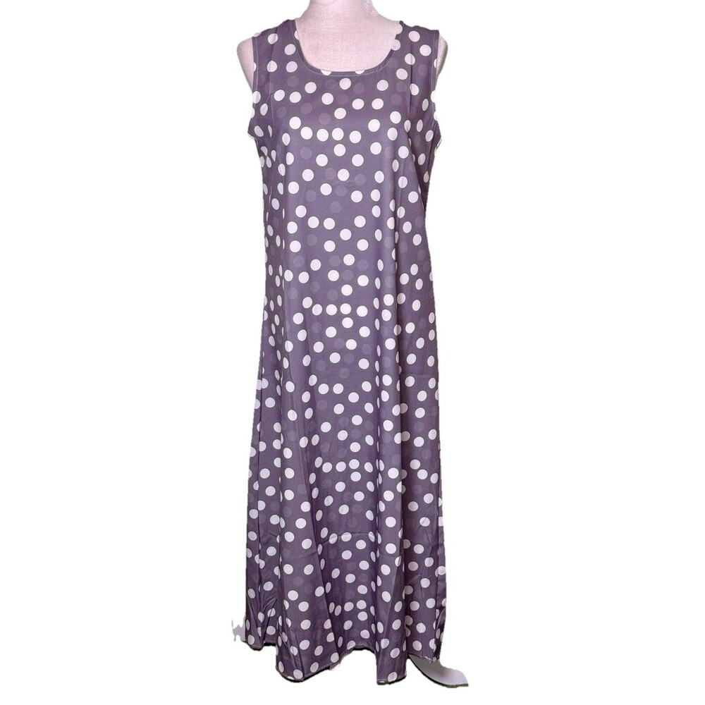 Women Gray Polka Dot Sleeveless Maxi Dress Flowy Minimalist Classic Casual M NEW